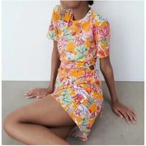 Zara Orange Tropical Print Short Sleeve Mini Dress
